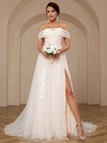 SHEIN Belle Elegant And Gorgeous White Color Block Women's Off-Shoulder Off-Shoulder Lace Mesh Splicing A-Line High Slit Dress Suitable For Wedding Floor-Length Wedding Dress