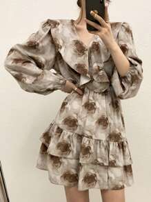 DAZY Vestido de mujer con mangas farol y estampado floral, cuello con volantes, vestidos casuales de mujer, vestido largo de manga larga para otoño