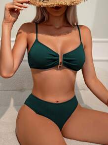 SHEIN Swim Ensemble Bikini Col En V Tricoté Côtelé Avec Détail Découpé, Festival De Musique - Vert sapin - Voir 1