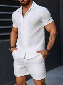 Manfinity Homme Conjunto De Camisa De Manga Corta Y Pantalon Corto De Color Sólido Para Hombre - Blanco - Ver 3