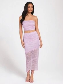Forever 21 Màu thuần Ren Áo không dây Và Váy chữ A - Hồng - Xem 4