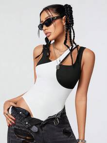 SHEIN Coolane 女士色塊拼接解構袖短連身衣 - 黑與白 - 查看 7