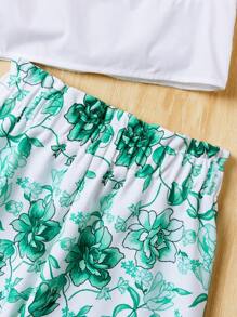 SHEIN Teen Girl Casual 2pcs/Set Bubble Sleeve Shirt & Floral Print Shorts