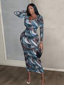 Slaydiva 情人节居家休闲舒适日常新年连衣裙约会网纱透视抽象印花优雅性感崇拜紧身高弹女式茶话长袖女式性感修身连衣裙 - 彩色 - 查看 1