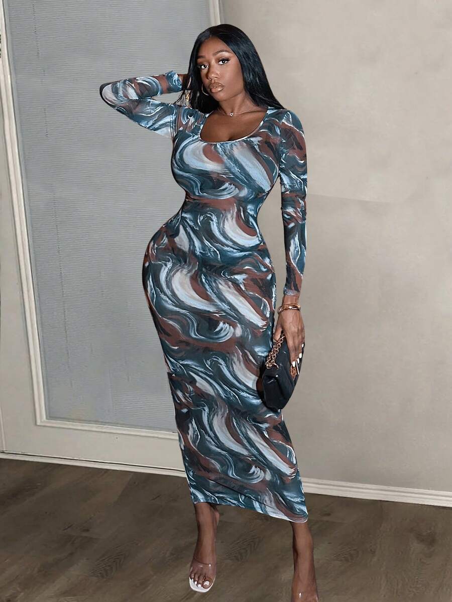 Slaydiva 情人节居家休闲舒适日常新年连衣裙约会网纱透视抽象印花优雅性感崇拜紧身高弹女式茶话长袖女式性感修身连衣裙 - 彩色 - 查看 1