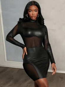 Slaydiva 網紗拼接小高領PU皮革緊身洋裝