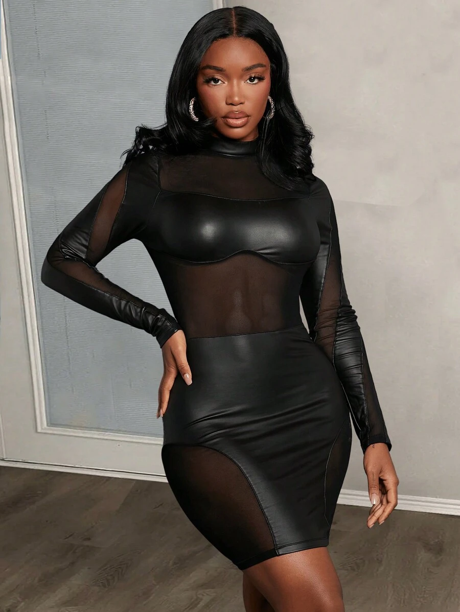 Slaydiva 網紗拼接小高領PU皮革緊身洋裝