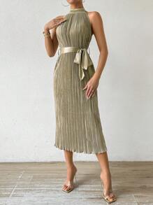 Chiquease Đầm Maxi Cổ Halter Thắt Lưng Xếp Ly Màu Trơn Cho Nữ Trang Phục - Màu Khaki - Xem 5