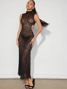 Hauture Vestido de Renda Transparente com Gola Padre e Cintura Vazada para Mulheres - Preto - Visão 4