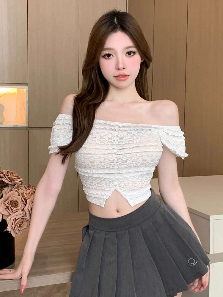 Ladies' Solid Color Lace Off Shoulder Cropped T-Shirt
