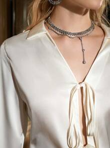 GENKIRA Women\ Shirt With Bow Tie And Textured Fabric - Apricot - View 6