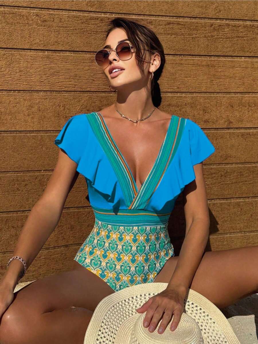 Swim Lushoire 夏季沙灘連身泳衣,拼接印花設計,v 領,荷葉邊 - 彩色 - 查看 1