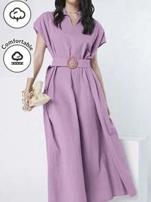 Mulvari Women's Solid Color Batwing Short Sleeve Collared Dress - Baby Pink - View 1