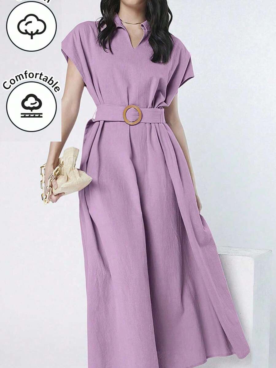 Mulvari Women's Solid Color Batwing Short Sleeve Collared Dress - Baby Pink - View 1