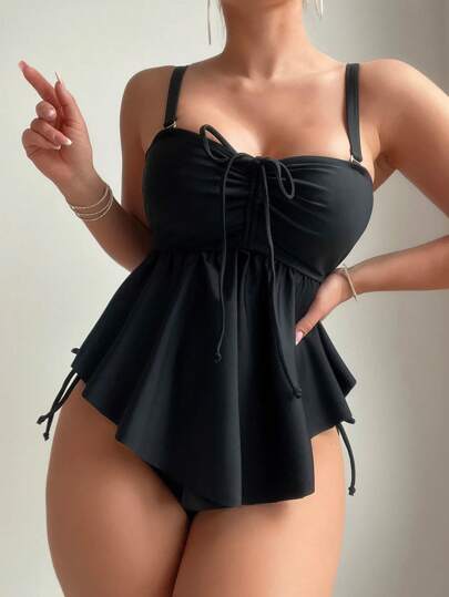 SHEIN Swim Conjunto de tankini de unicolor con detalles de volantes, traje de baño de dos piezas para la playa, festival de música o verano