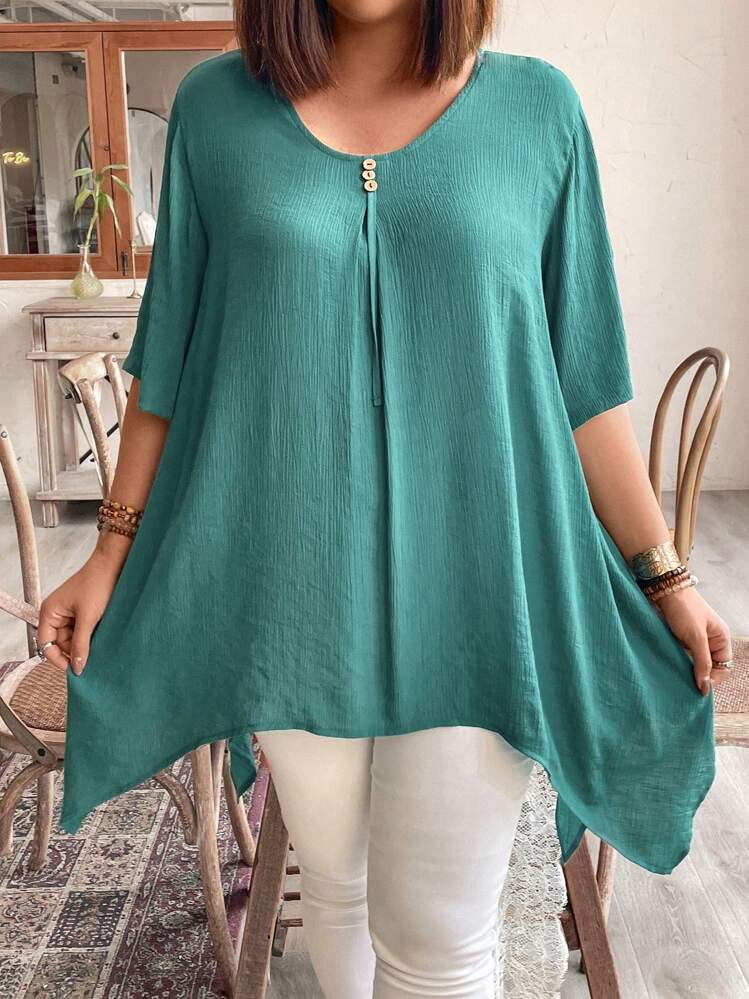 SHEIN LUNE Große Größen Bluse in Unifarbe, lässig-locker geschnitten mit asymmetrischem Saum - Grün - Übersicht 3