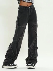 歐美風格拼接原邊寬腿褲，經過水洗處理 - 黑色 - 查看 1