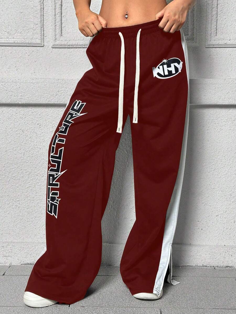 Flirla Pantalones Largos Con Estampado De Letras Y Cintura Con Cordón - Rojo - Ver 1