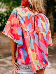 Blusa holgada de cuello redondo con estampado abstracto para mujer - Multicolor - Ver 2