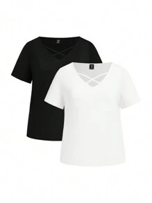 SHEIN VCAY Summer Plus Size Women's Tropical Plant Print T-Shirt And Black/White T-Shirt Set For Vacation