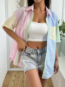 SHEIN Unity 女士短袖超大尺碼條紋拼接襯衫 - 彩色 - 查看 4