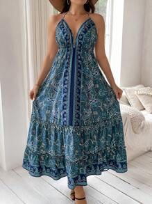 SHEIN Holidaya 印花v領寬鬆坦克裝連衣裙（大尺碼） - 彩色 - 查看 3