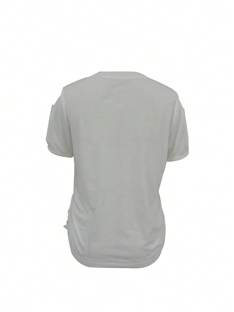 Women's Solid Color Short Sleeve T-Shirt With Hollow Out Sleeves And Round Neckline
