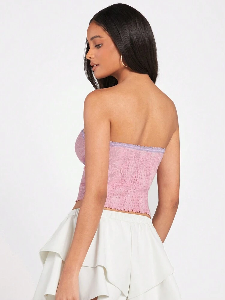 Ladies' Purple Lace & Pink Jacquard Sweetheart Neckline Top, Perfect For Dating