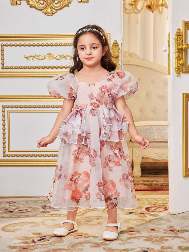 Young Girls' Lovely Sweetheart Collar Floral Printed Puff Sleeve Dress