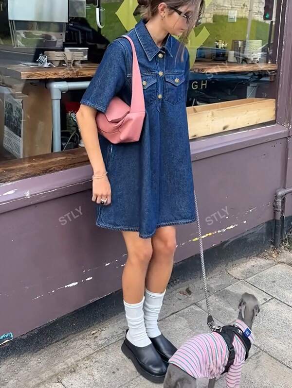 Women's Denim Shirt Dress With Pocket And Turn-Down Collar