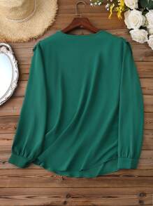 Mulvari Plus Size Lace Patchwork Ribbon & Ruffle Trimmed Blouse - Green - View 2