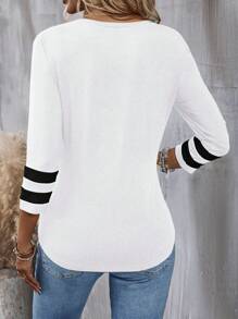 SHEIN LUNE Color Block Round Neck Long Sleeve Casual T-Shirt Graphic Tees Women Tops For Spring - White - View 2