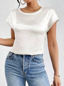 Firerie 纯色缎面蝙蝠袖衬衫，短袖上衣 - 白色 - 查看 3