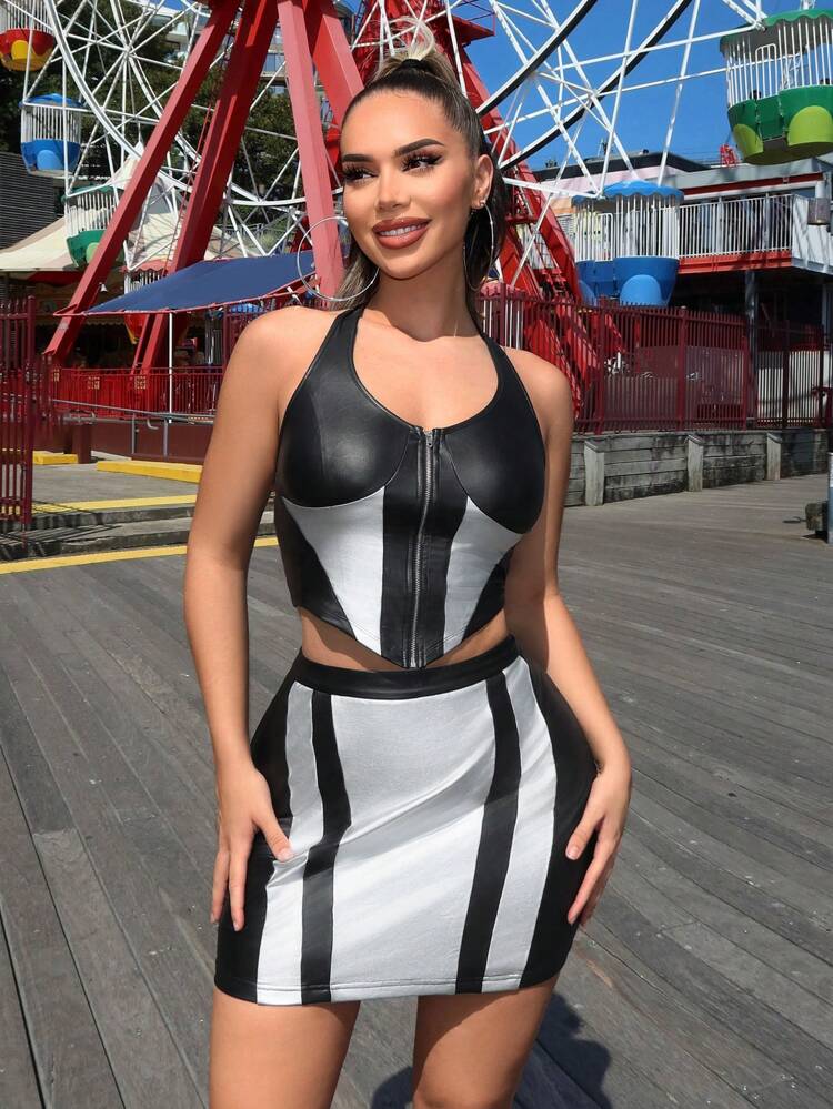 Music Festival Country Concert  Casual Summer Colorblock Zipper V-Neck Sleeveless Top With Lanyard