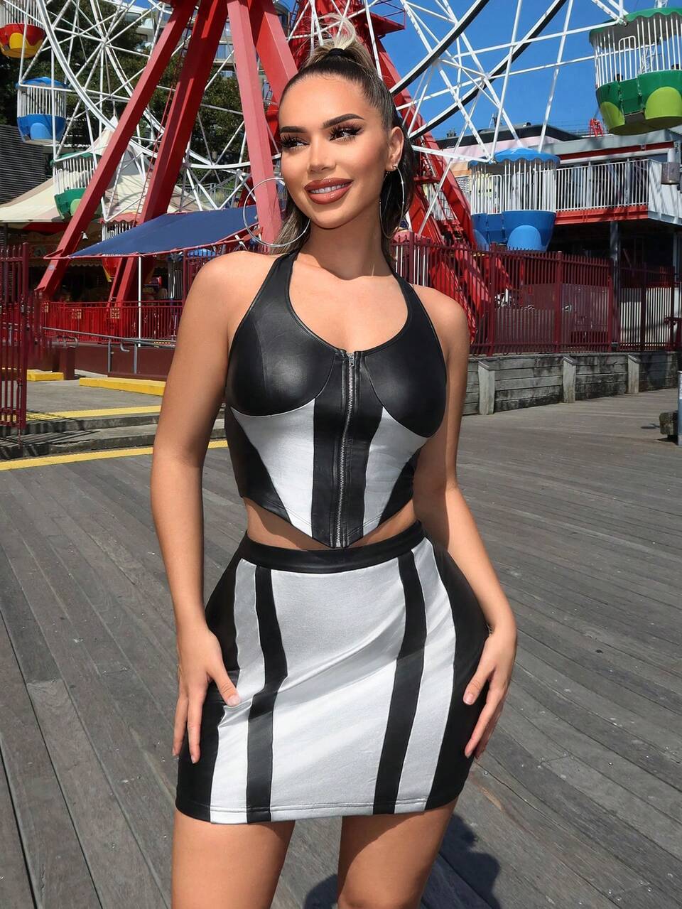 Music Festival Country Concert  Casual Summer Colorblock Zipper V-Neck Sleeveless Top With Lanyard