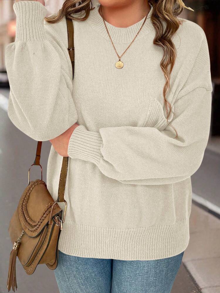 Plus Size Long Sleeve Sweater With Pockets, For Winter Knit Pullover Fall Autumn