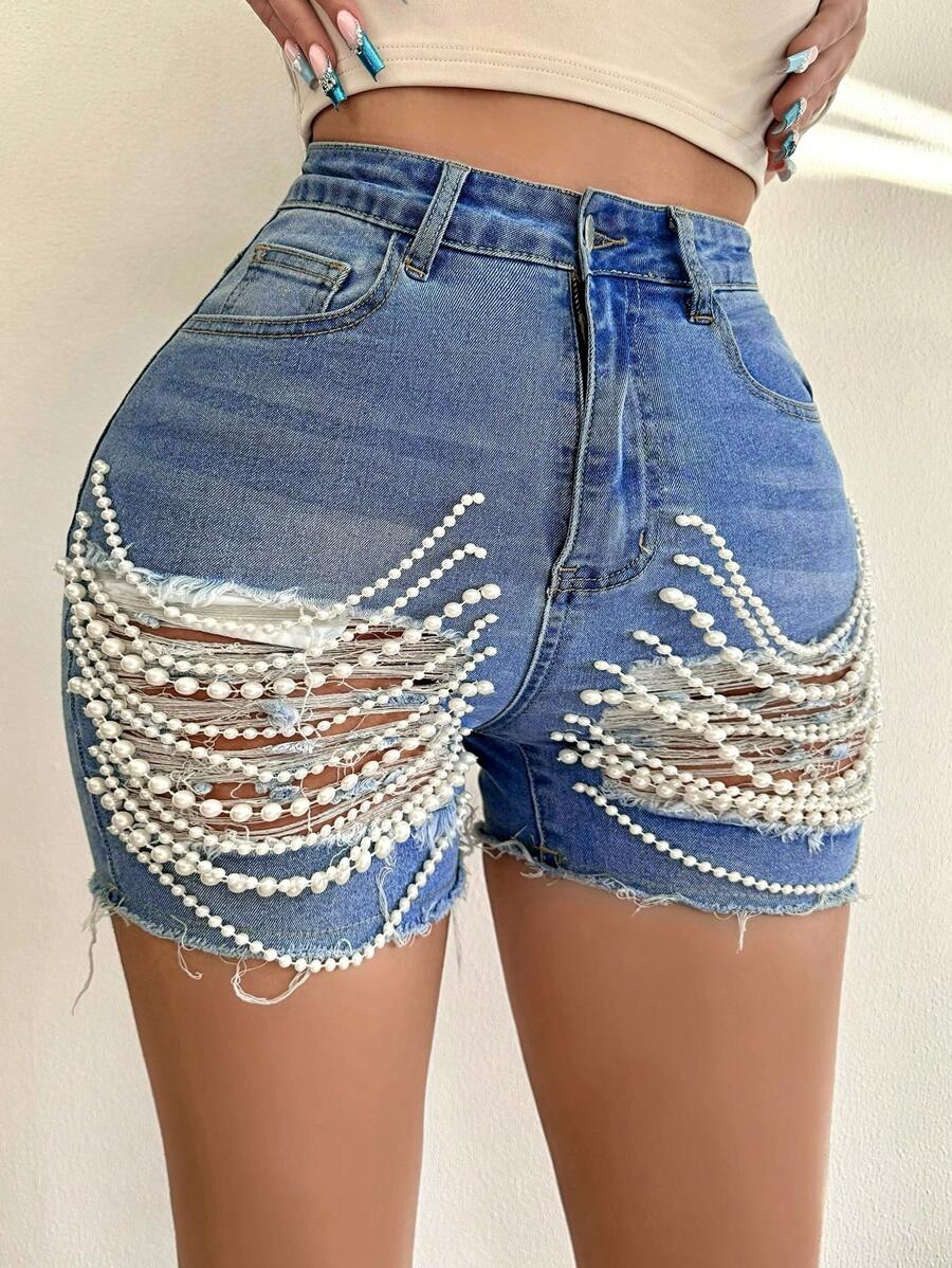 Ladies' Sexy Faux Pearl Chain Elastic Tight Ripped Denim Shorts - Medium Wash - View 1