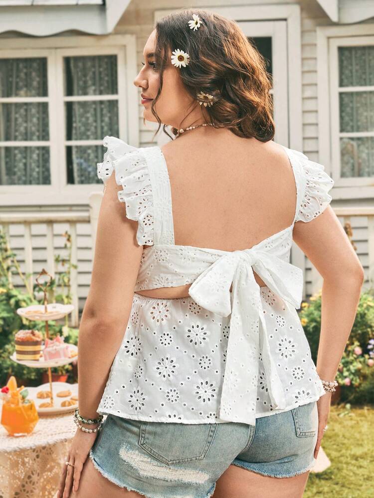 Plus Size Women's Casual Holiday Style Embroidered Hollow Out Tie-Front Ruffle Hem Flutter Sleeve White Shirt, Summer