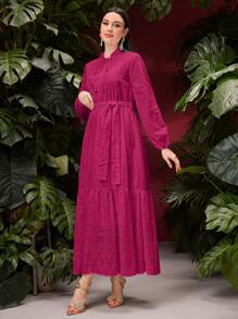 Mulvari 空心刺繡細節,打結領頸和燈籠袖禮服 - 玫紅色 - 查看 5