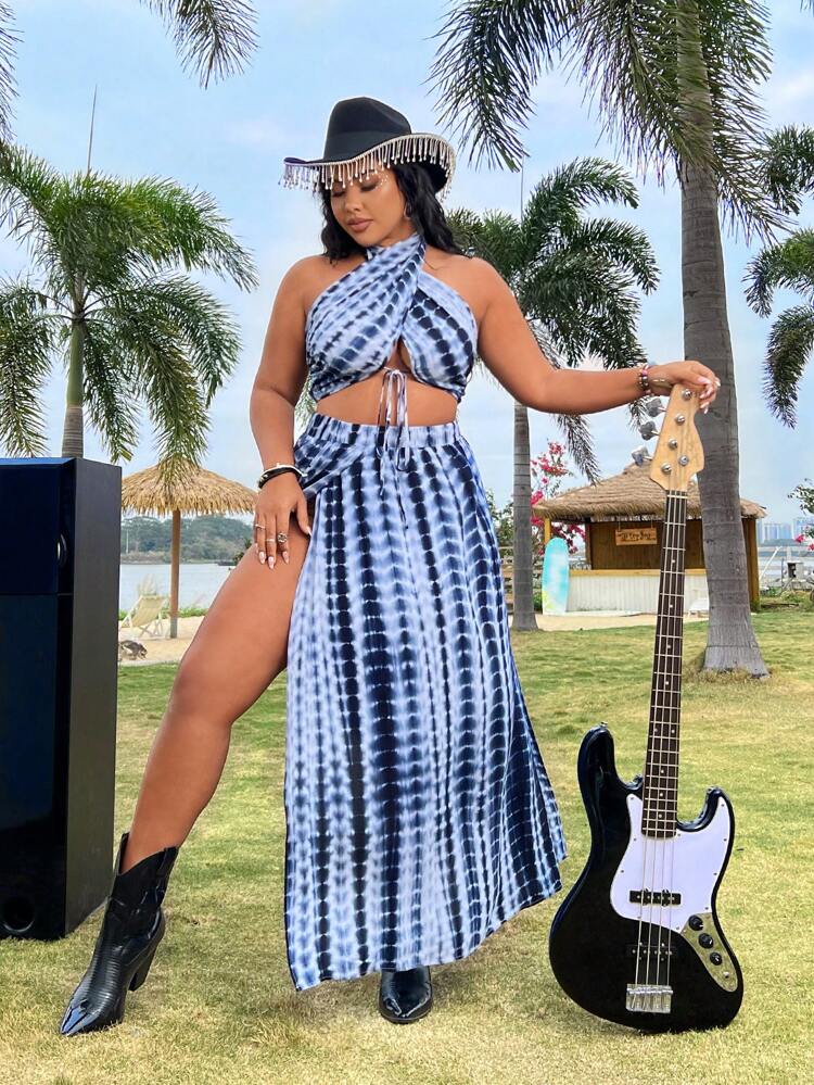 タイダイ プラスサイズ クロスホルターネックベストとサイドスリットスカート