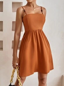GENKIRA Waist Cinching Pleated Casual Cami Dress - Camel - View 5