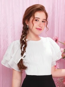 SHEIN Teen Girl Solid Color Jacquard Mesh Panel Ruffle Sleeve Casual T-Shirt - White - View 2