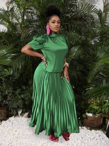 Slaydiva Elegant Commute Puff Sleeve & Pleated Skirt Suit - Green - View 2