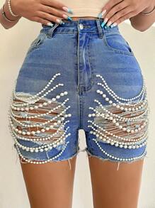 Ladies' Sexy Faux Pearl Chain Elastic Tight Ripped Denim Shorts - Medium Wash - View 3