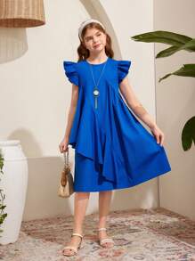 SHEIN Leap Crew Tween Girls' Loose Cute Cap Sleeves Round Neck Asymmetrical Ruffle Hem A-Line Dress - Blue - View 5