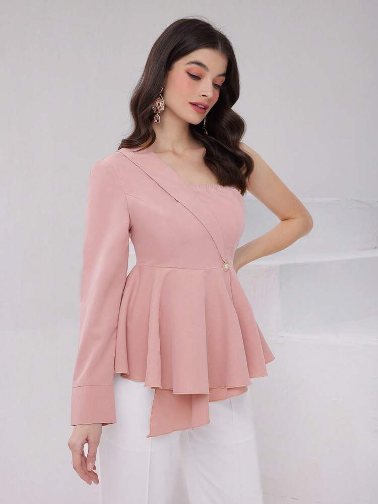 Women's Solid Color Asymmetrical Collar Button Down Shirt With Drawstring Waist