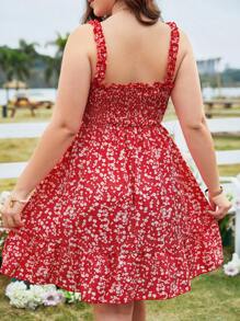 SHEIN LUNE Vestido de tirantes finos con estampado bohemio y ribete de volantes para ropa de Año Nuevo, tallas grandes para el verano - Rojo - Ver 3