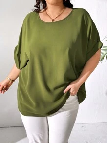 SHEIN CURVE+ Blusa Básica De Manga Enrollada De Talla Grande - Verde - Ver 6