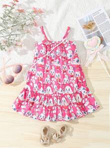 Baby Girl's Cute Pink Cat Printed Dress For Spring And Summer - Pink - View 2