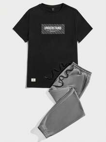 Manfinity VCAY Conjunto de camiseta y pantalones con estampado de letras para hombre, manga corta, urbano, casual - Multicolor - Ver 3